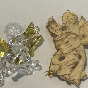 Vintage Angel Ornament Pair – Resin Lyre Angel & Acrylic Gold-Wing Cherub